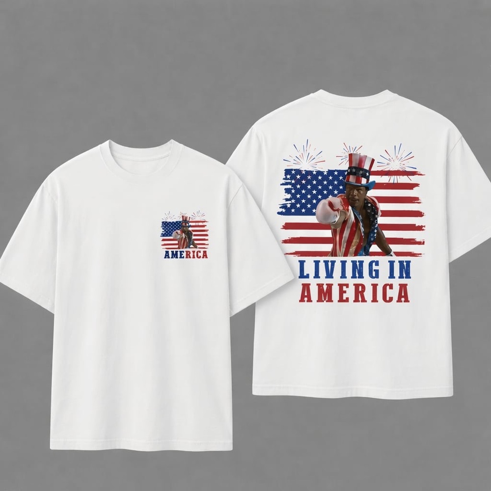 Apollo Creed Living In America Shirt- Patriotic Boxing 4th of July White shirt
